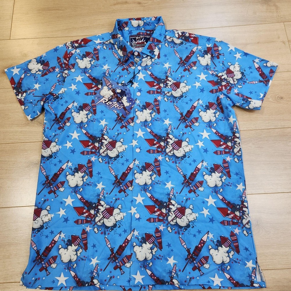 Retro Rifle Shirt Mens XL Blue The Firecracker Short Sleeve Button Up Patriotic